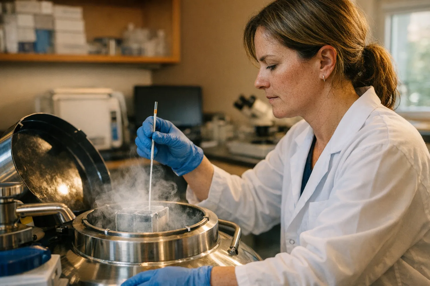 Kryokonservierung von Eizellen im Fertilitätslabor mit Stickstofftank