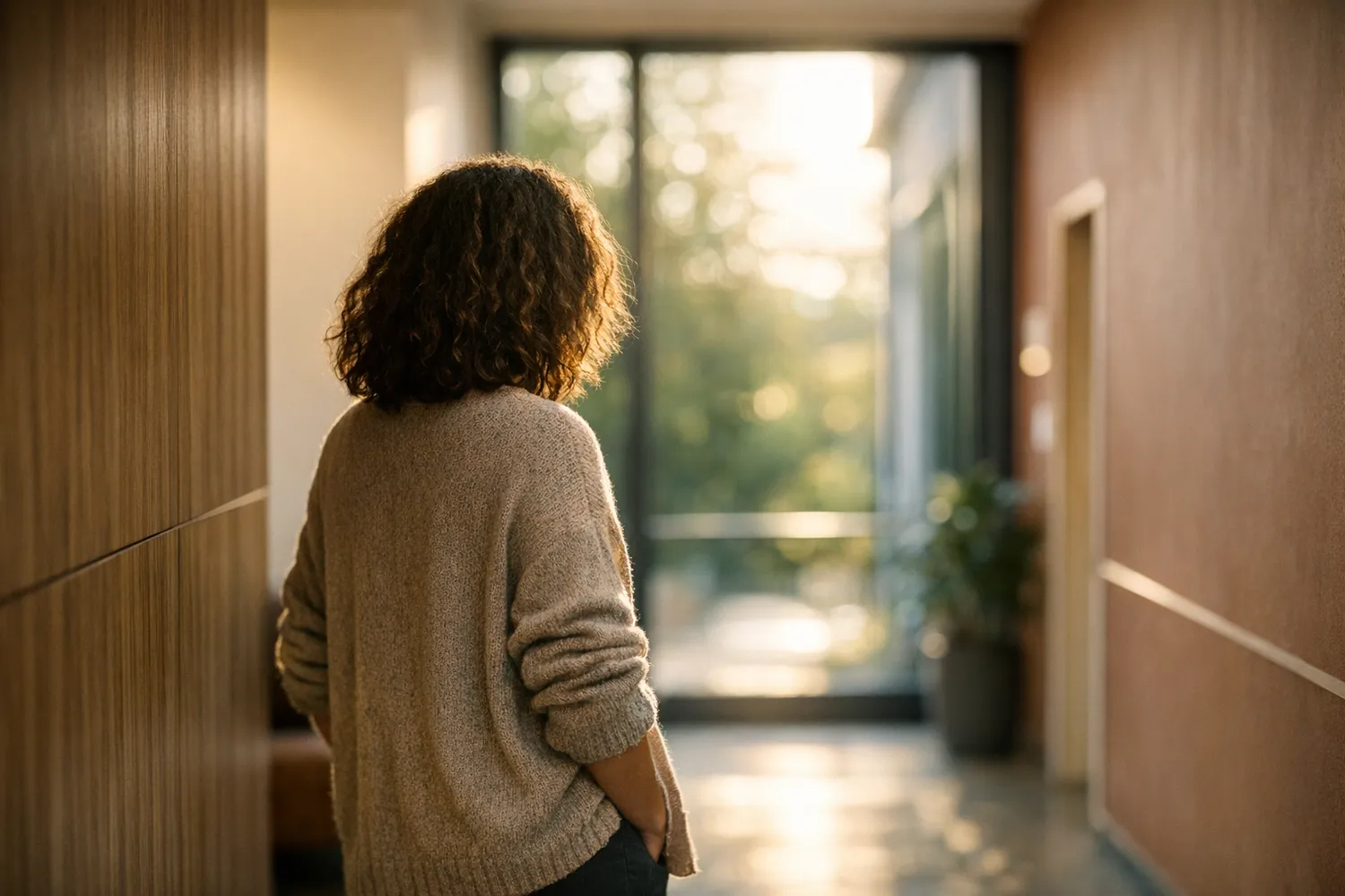 Patientin in einem Klinikflur blickt nachdenklich aus dem Fenster