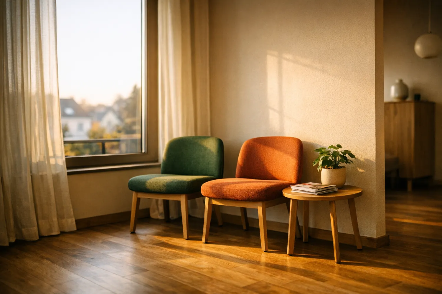 Wartebereich einer modernen Kinderwunschklinik mit warmem Licht und Holzakzenten