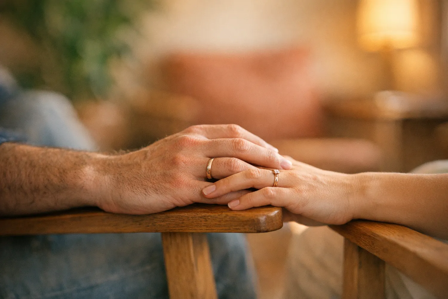 Paar hält Hände im Wartezimmer einer Kinderwunschklinik
