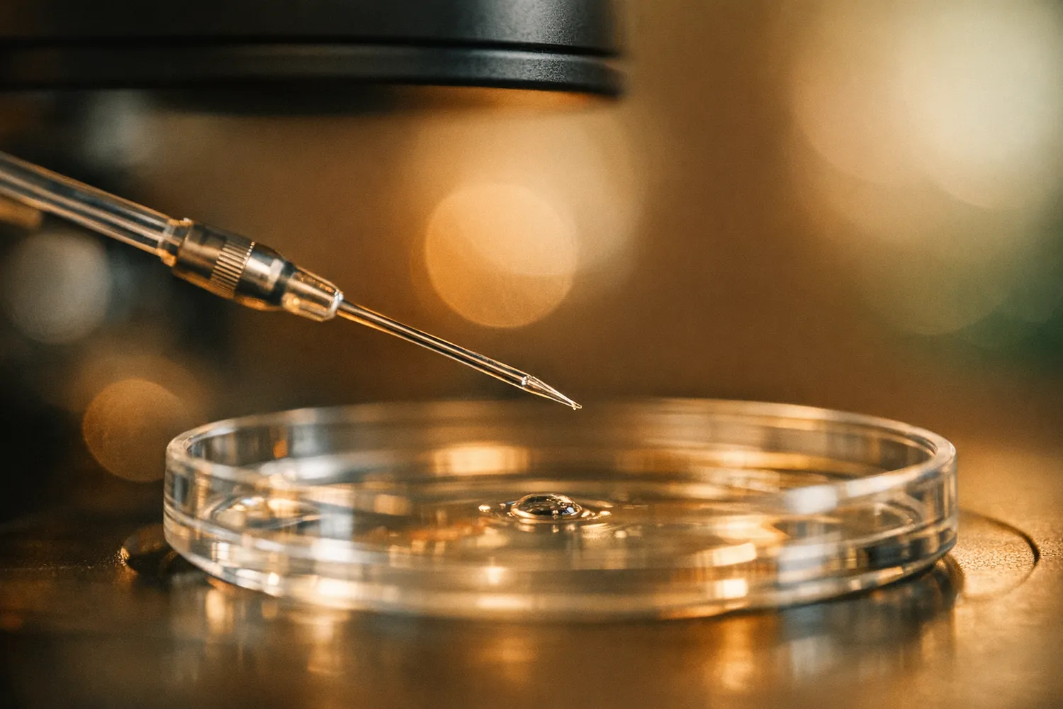 ICSI-Pipette über Petrischale in einem Fertilitätslabor