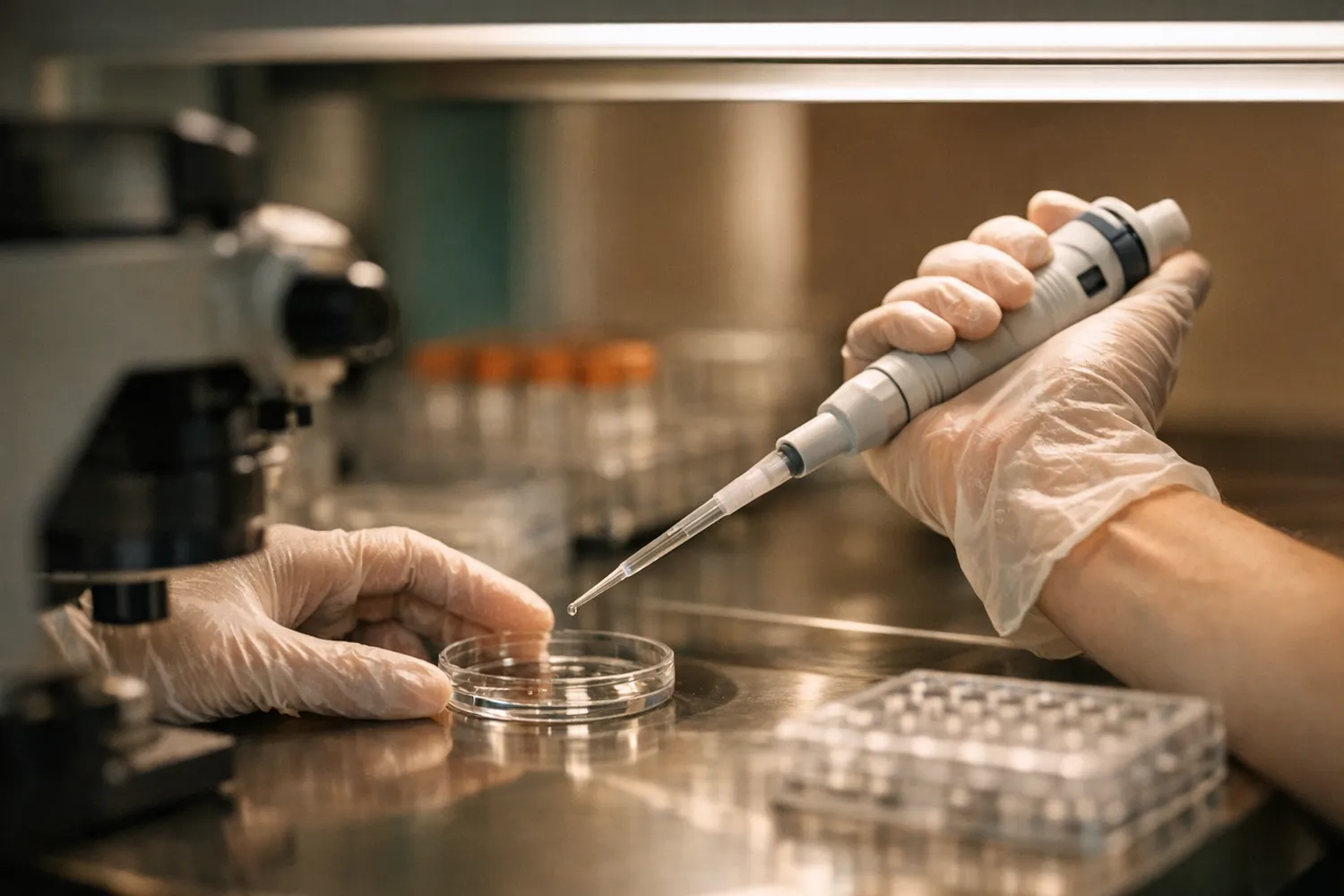 Embryologe arbeitet an der Sterilbank im IVF-Labor