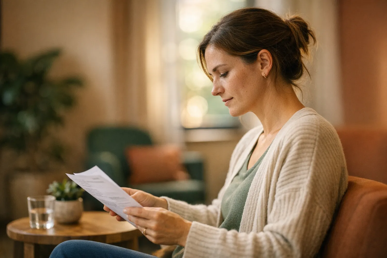 Patientin mit Behandlungsunterlagen im Wartezimmer einer Kinderwunschklinik