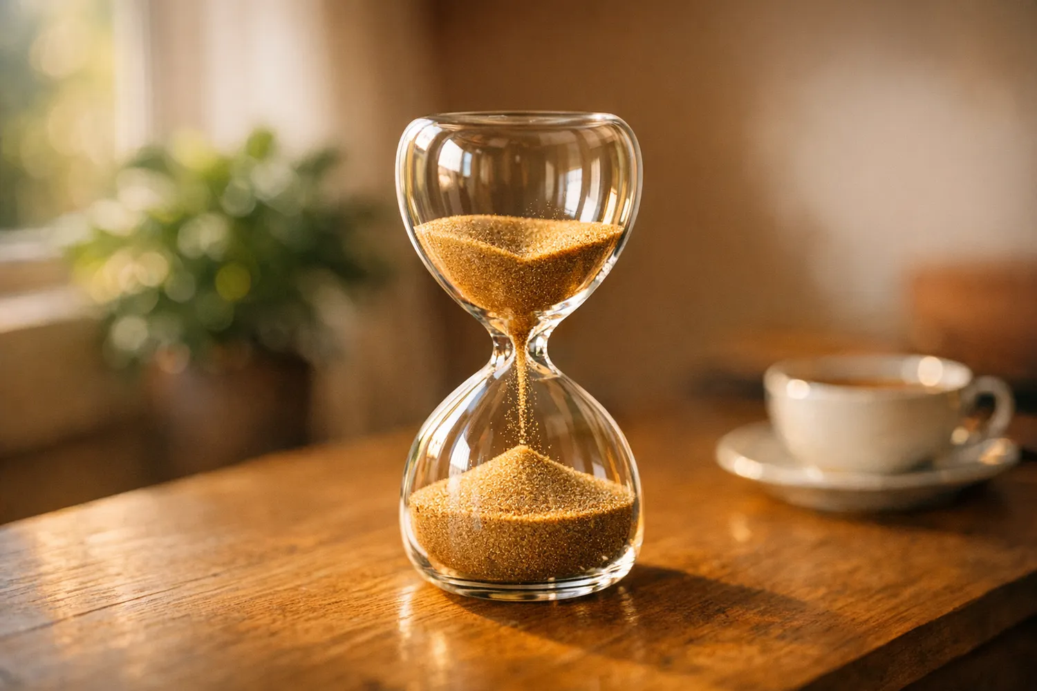 Sanduhr auf Holzschreibtisch als Symbol für den Zeitfaktor bei Kinderwunsch