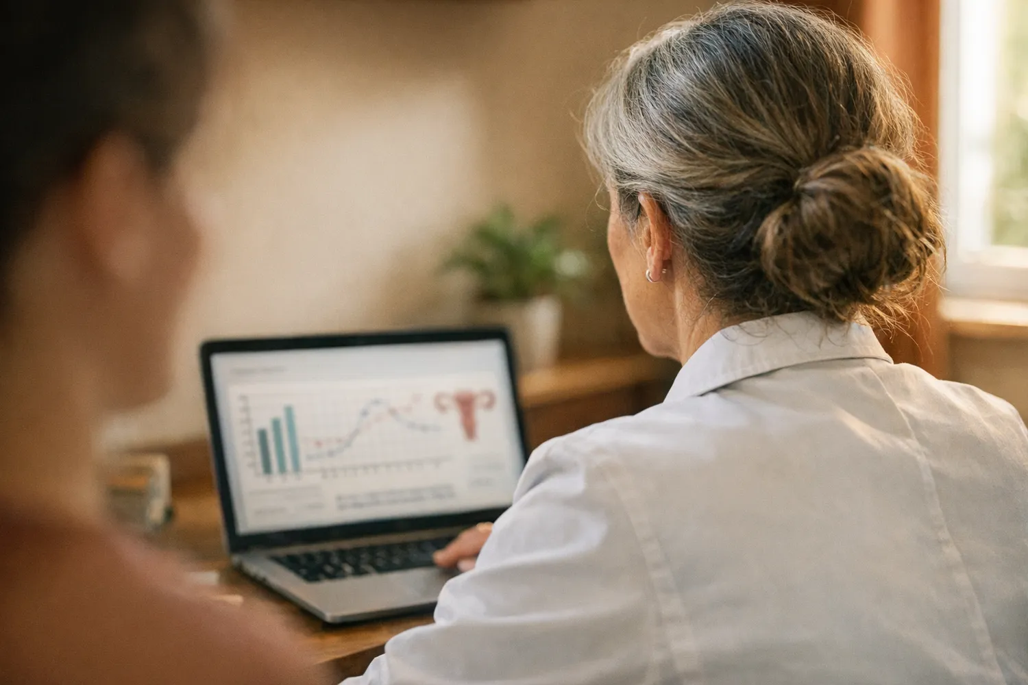 Ärztin berät am Laptop über Fruchtbarkeitsoptionen ab 40