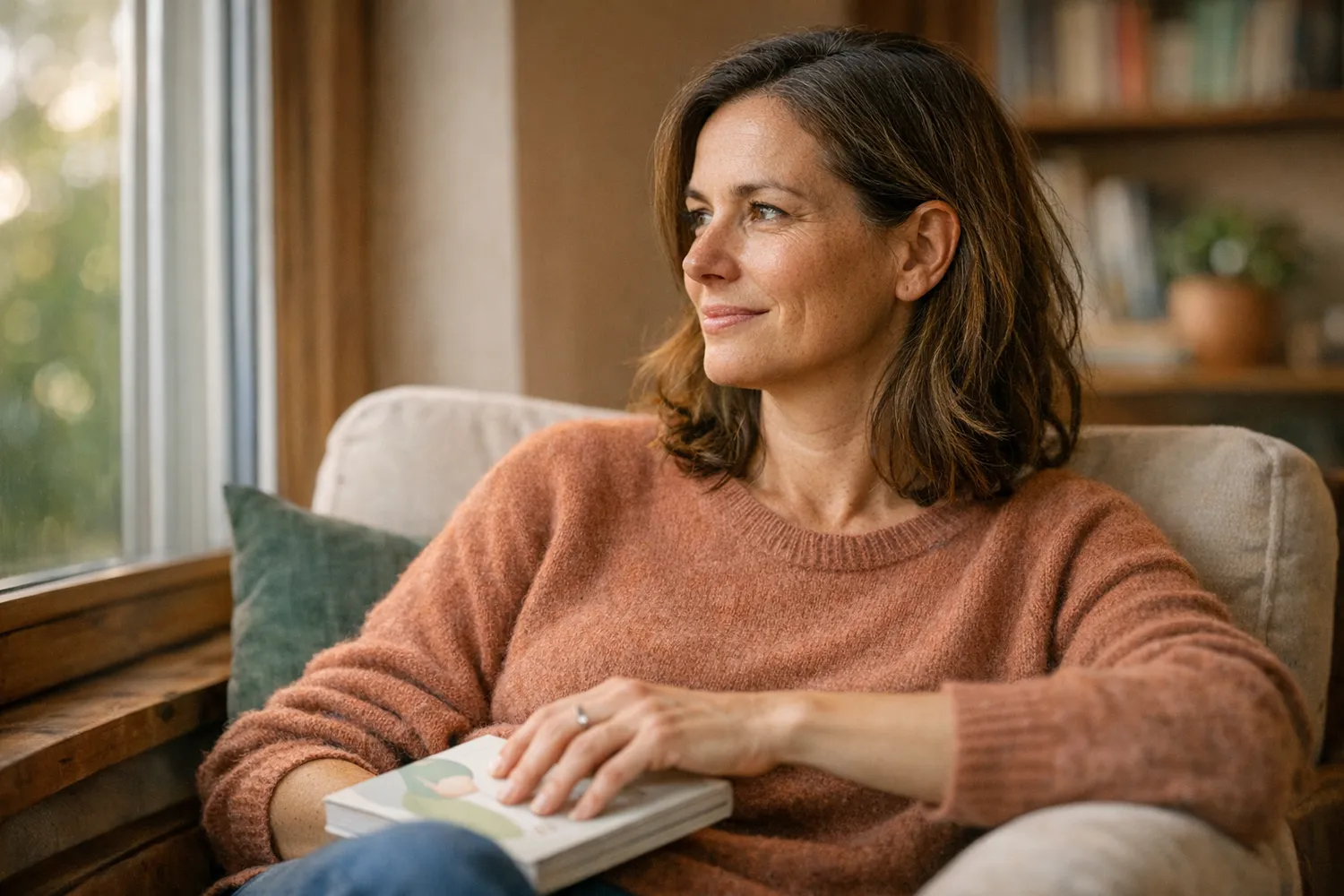 Zuversichtliche Frau über 40 sitzt am Fenster und denkt über Kinderwunsch nach