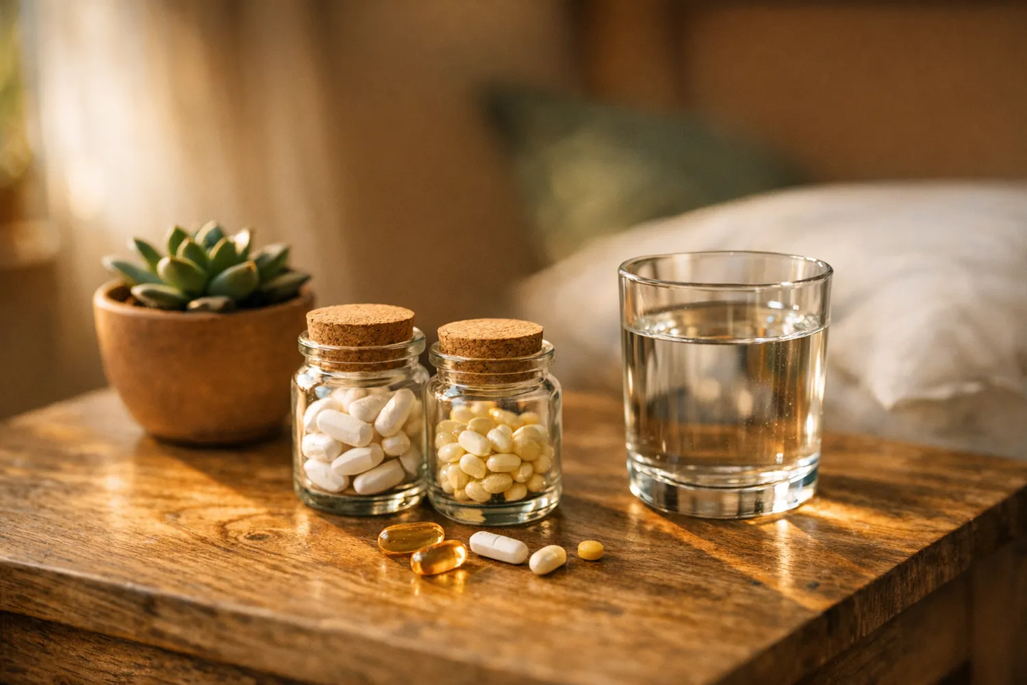 Vitamine und Folsäure-Supplemente auf dem Nachttisch