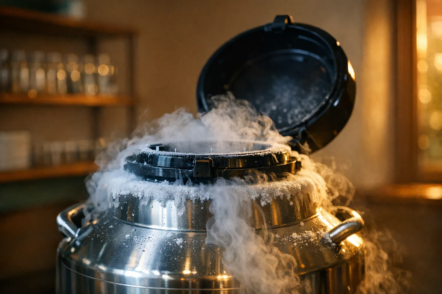 Kryotank mit Stickstoffnebel für Social Freezing in einem Fertilitätslabor