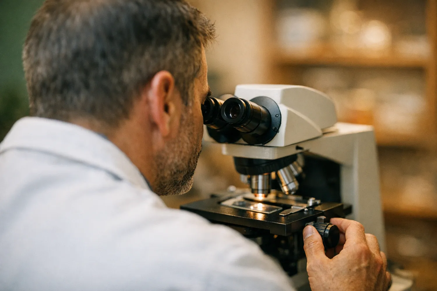 Androloge analysiert Spermaprobe unter dem Mikroskop im Labor