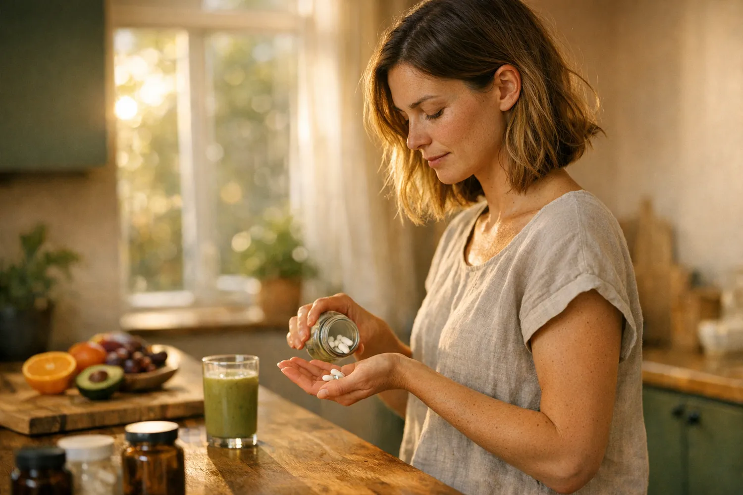 Frau nimmt morgens Kinderwunsch-Vitamine in der Küche
